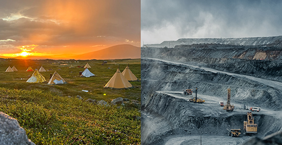 Das natürliche Gebiet der indigenen Saami links, drohende Zerstörung der Natur rechts