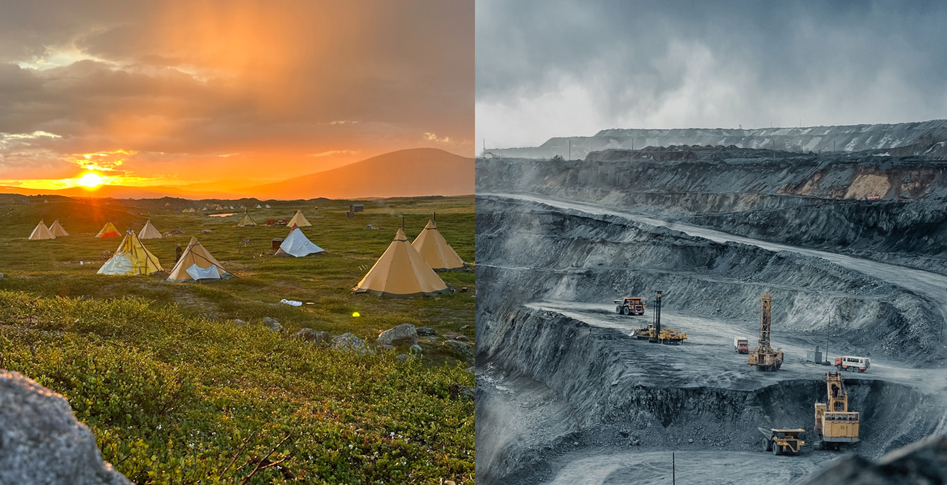 Das natürliche Gebiet der indigenen Saami links, drohende Zerstörung der Natur rechts