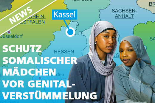 2 somalische Mädchen mit Deutschlandkarte und Kassel im Hintergrund