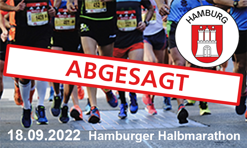 Läufer mit Datum des Halbmarathons, Hamburg-Wappen und Banner "Abgesagt"