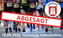 Läufer mit Datum des Halbmarathons, Hamburg-Wappen und Banner "Abgesagt"